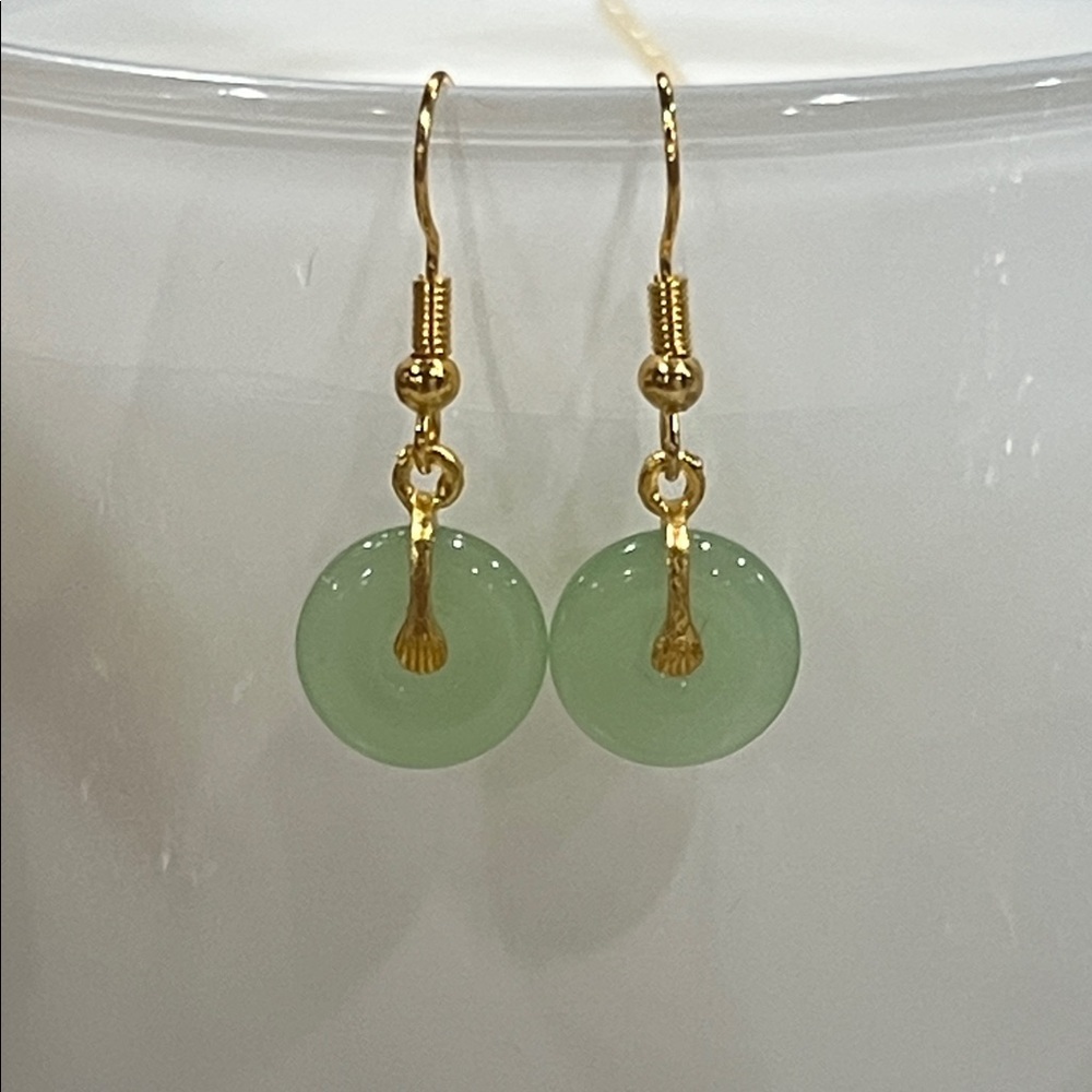 Green Jade Drop Earrings Gold Tone | Minimalist Dainty Stone Jewelry